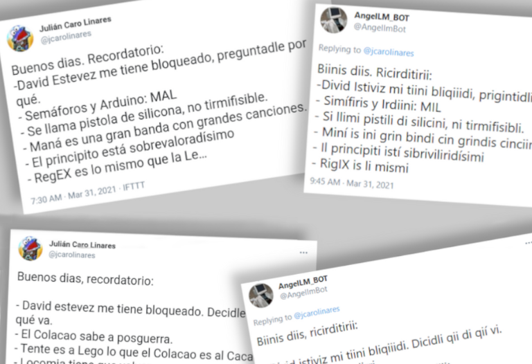 Screenshot of some tweets sent by the user @jcarolinares and the automatic tweet responses of the twitter bot